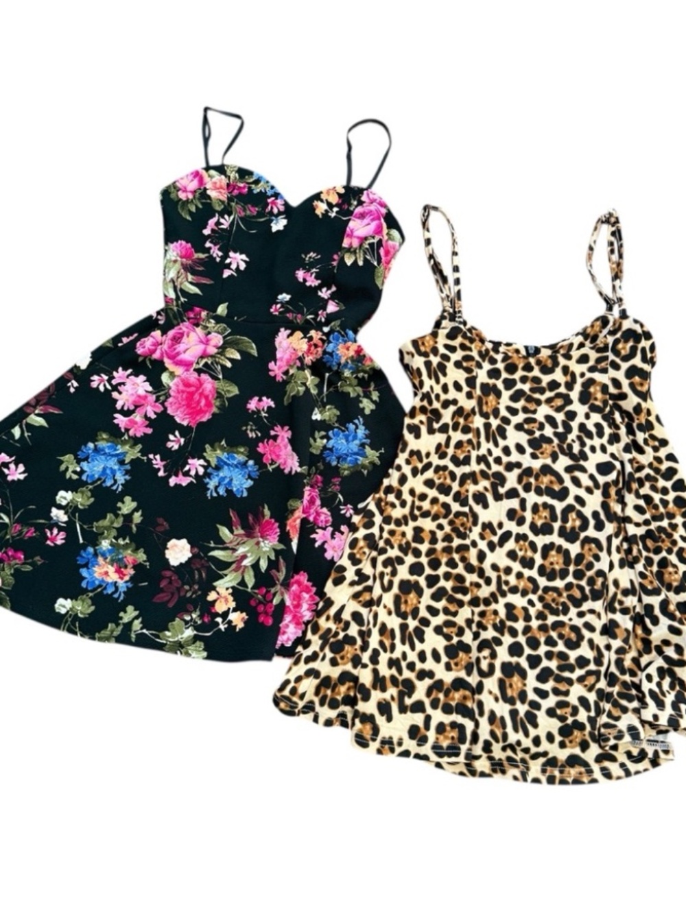 2 Dress Bundle‎ XS Floral Sweetheart Skater & Leopard Print Cami Mini Dresses